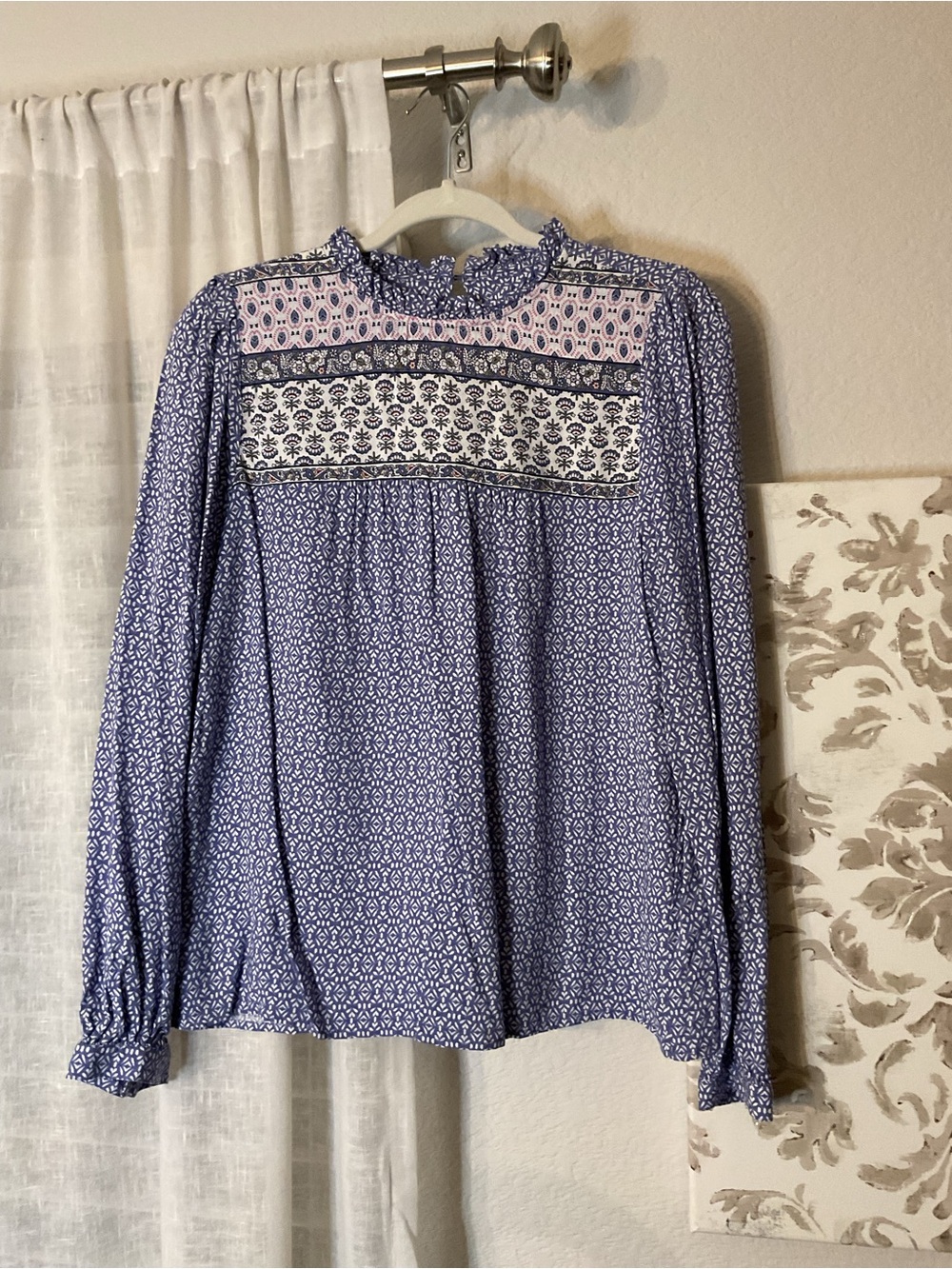 LOFT Blue Printed Yoke Blouse with Pink Panel